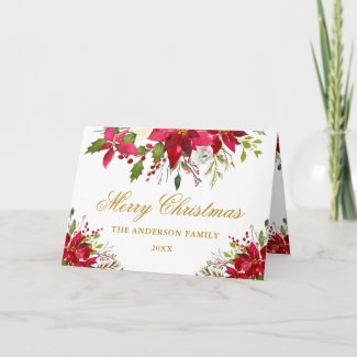 Elegant Floral Poinsettia Gold Christmas Fold Holiday Card