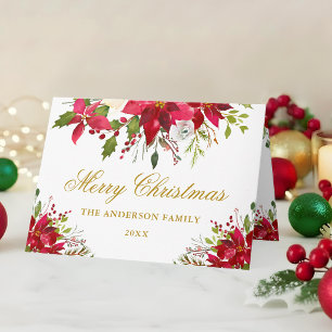Elegant Floral Poinsettia Gold Christmas Fold Holiday Card