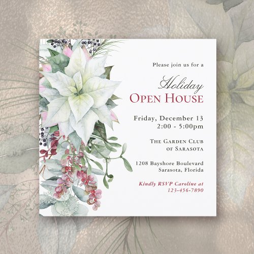 Elegant Floral Poinsettia Holiday Open House Invitation