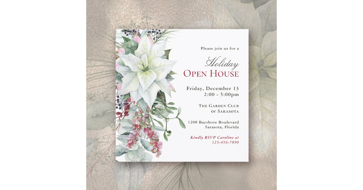 Elegant Floral Poinsettia Holiday Open House Invitation | Zazzle