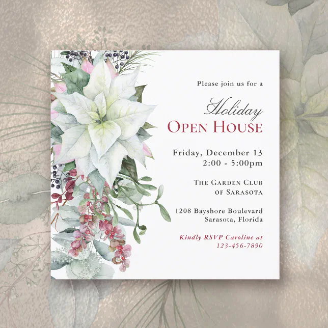 Elegant Floral Poinsettia Holiday Open House Invitation | Zazzle