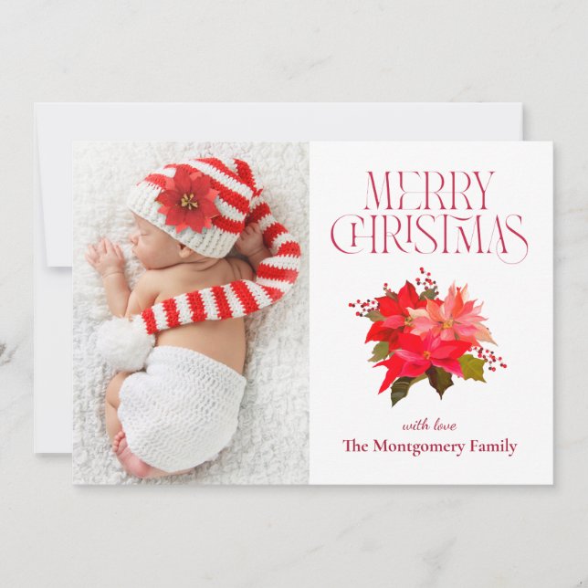 Elegant Floral Poinsettia Merry Christmas Photo Holiday Card (Front)