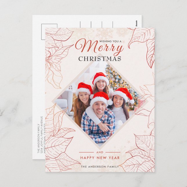 Elegant Floral Poinsettia Red Photo Christmas Holiday Postcard (Front/Back)