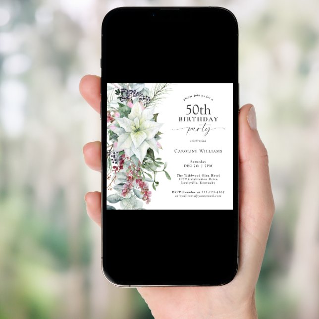 Elegant Floral Poinsettia Winter 50th Birthday Invitation (Front Digital)