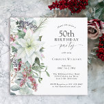 Elegant Floral Poinsettia Winter 50th Birthday Invitation<br><div class="desc">With all the festive vibes of the Christmas season, this winter holiday themed 50th birthday party design features a beautiful cascading bouquet of white watercolor poinsettias and trailing red and green floral elements on a clean white background. You can edit the age to any age if needed. December birthdays often...</div>