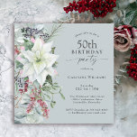 Elegant Floral Poinsettia Winter 50th Birthday Invitation<br><div class="desc">With all the festive vibes of the Christmas season, this winter holiday themed 50th birthday party design features a beautiful cascading bouquet of white watercolor poinsettias and trailing red and green floral elements on a dusty blue background. You can edit the age to any age if needed. December birthdays often...</div>