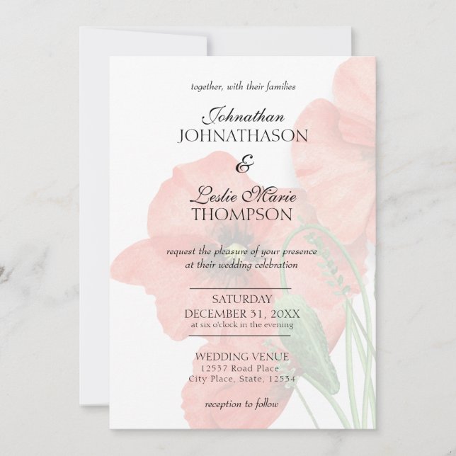 Elegant Floral Poppy Wedding White Invitation 2 (Front)