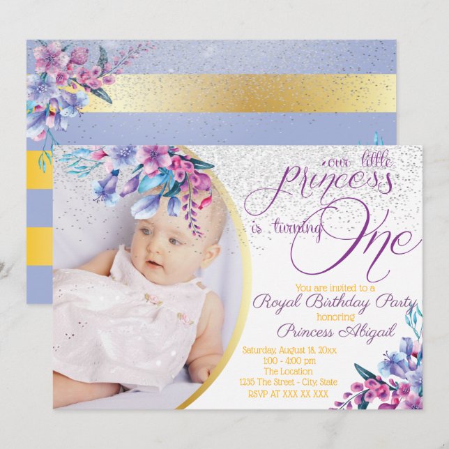 Elegant Floral Princess Birthday Invitation (Front/Back)