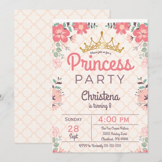 Elegant Floral Princess Birthday Party Invitation (Front/Back)
