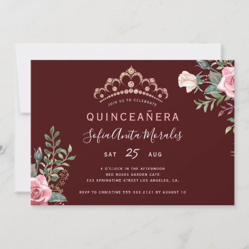 Elegant floral princess tiara burgundy Quinceanera Invitation