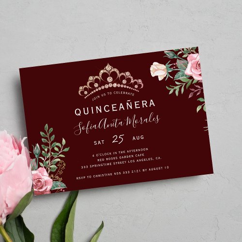 Elegant floral princess tiara burgundy Quinceanera Invitation