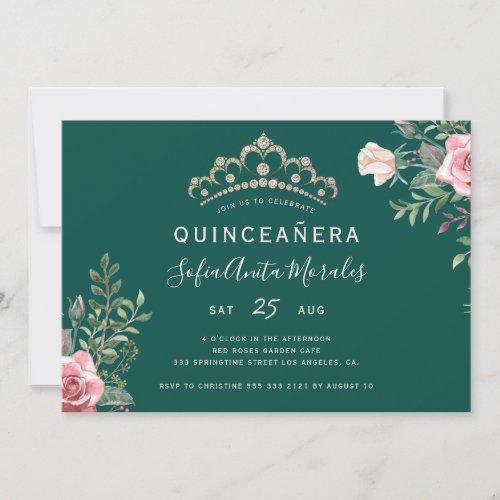 Elegant floral princess tiara green Quinceanera In Invitation