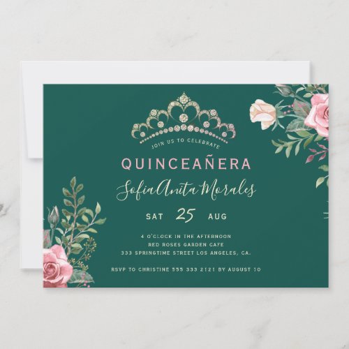 Elegant floral princess tiara green Quinceanera Invitation