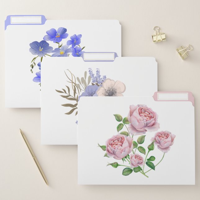 Elegant Floral Prints Pink, Blue & Purple Flowers File Folder (Set)