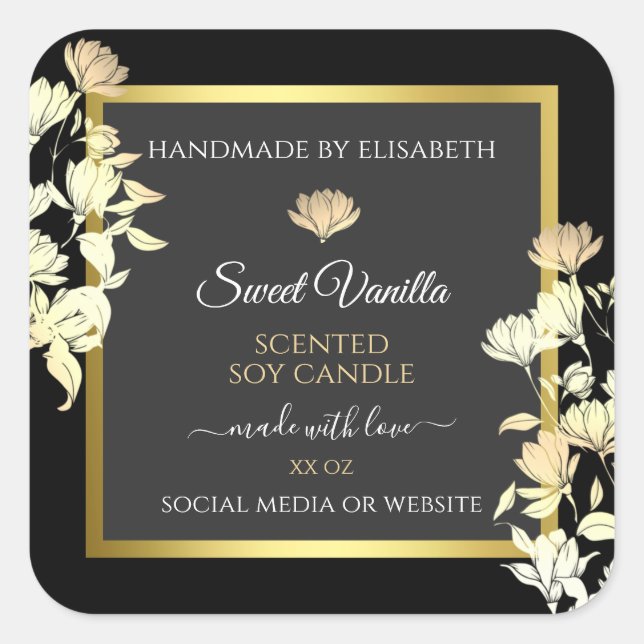 Elegant Floral Product Packaging Labels Black Gold (Front)