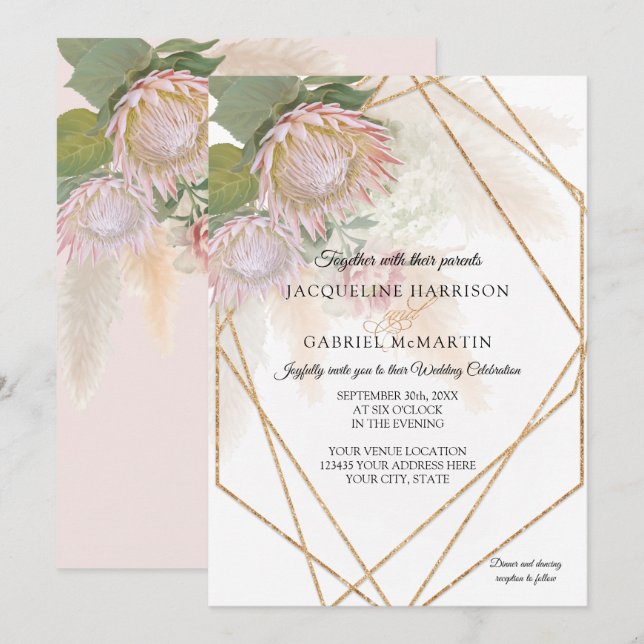 Elegant Floral Protea Pampas Grass Geometric Gold Invitation (Front/Back)