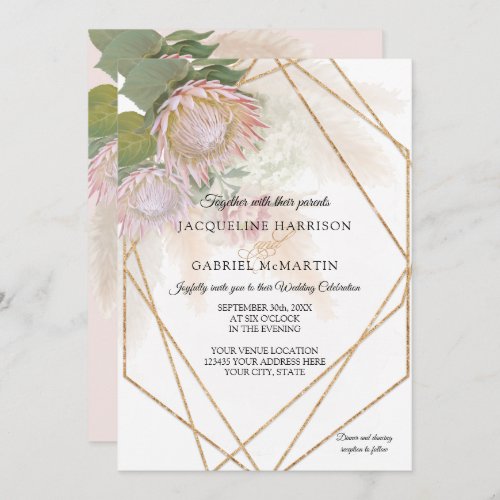 Elegant Floral Protea Pampas Grass Geometric Gold Invitation