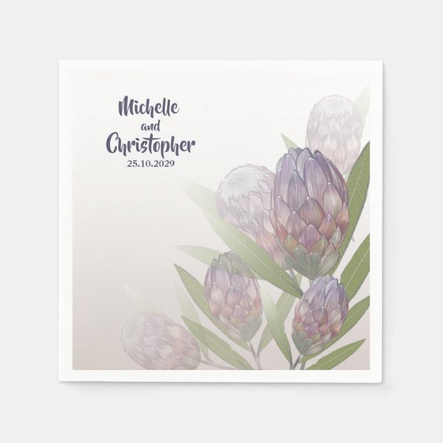 Elegant Floral Protea Purple Beige Wedding Napkins (Front)