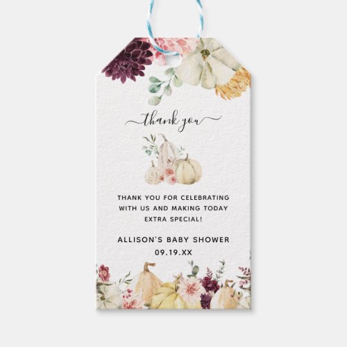 Elegant Floral Pumpkin  Baby Shower Thank You  Gift Tags