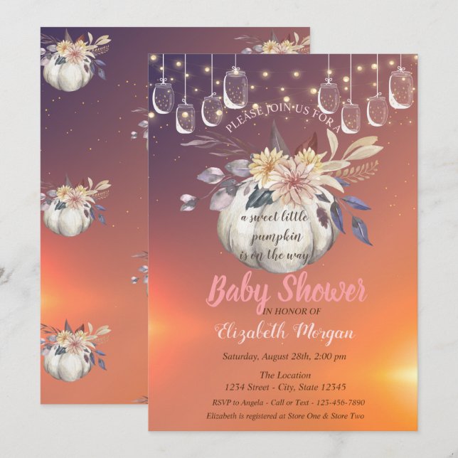 Elegant Floral Pumpkin,Lights, Baby Shower Invitation (Front/Back)