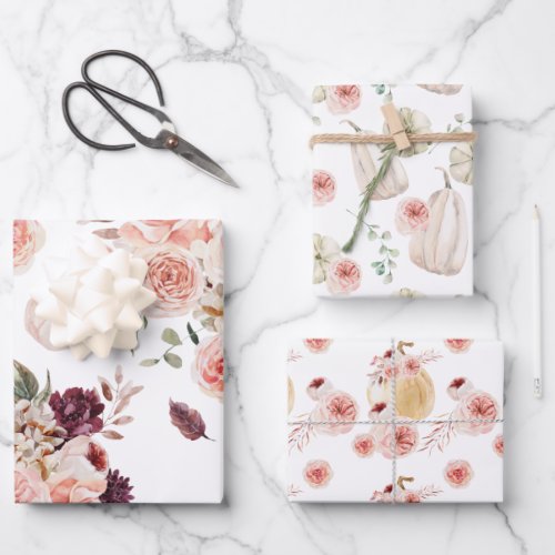 Elegant Floral Pumpkin Watercolor Three Pack Wrapping Paper Sheets