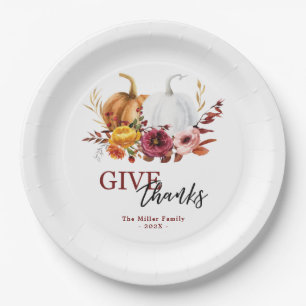 Elegant floral pumpkins give thanks paper plates