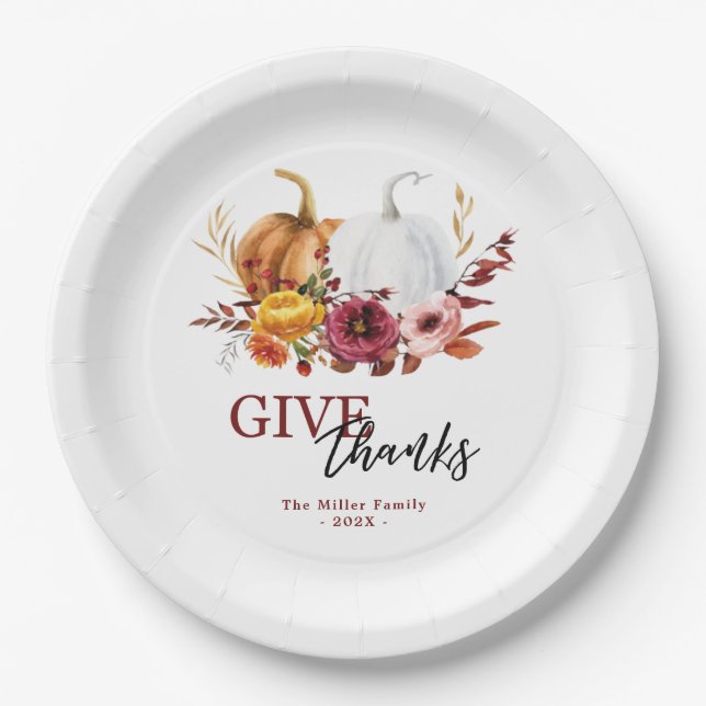 Elegant floral pumpkins give thanks paper plates (Front)