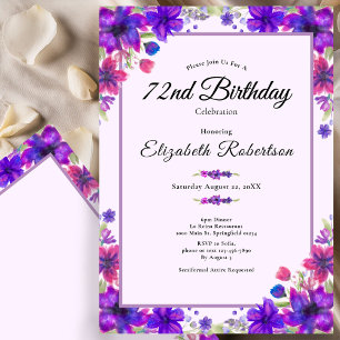 Elegant Floral Purple 72nd Birthday  Invitation