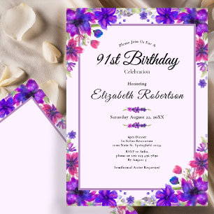 Elegant Floral Purple 91st Birthday  Invitation