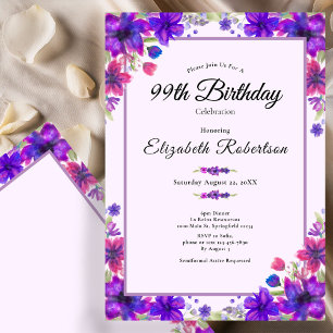 Elegant Floral Purple 99th Birthday  Invitation