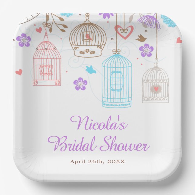 Elegant Floral Purple and Blue Bridal Shower Paper Plates (Front)