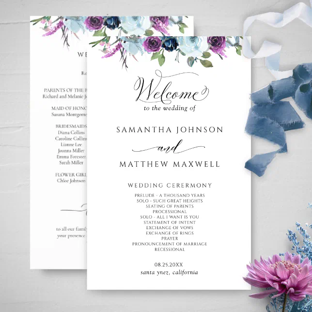 Elegant Floral Purple And Blue Wedding Program 