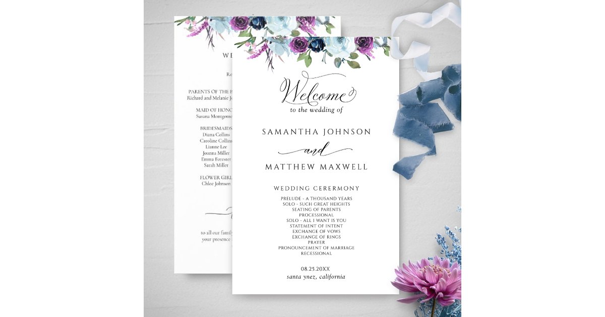 Elegant Floral Purple and Blue Wedding Program | Zazzle