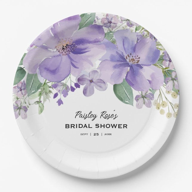 Elegant Floral Purple Bridal Shower Paper Plates (Front)