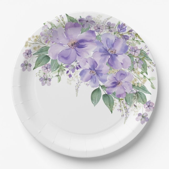 Elegant Floral Purple Bridal Shower Paper Plates (Front)