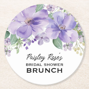 Elegant Floral Purple Bridal Shower Round Paper Coaster