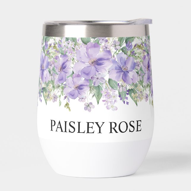 Elegant Floral Purple Bridal Shower Thermal Wine Tumbler (Left)