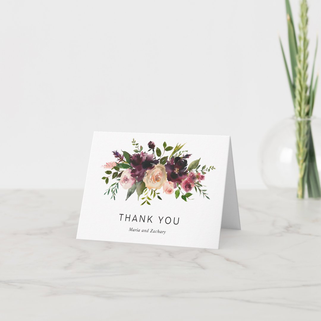 Elegant Floral Purple Burgundy Wine Fall Wedding Thank You Card | Zazzle