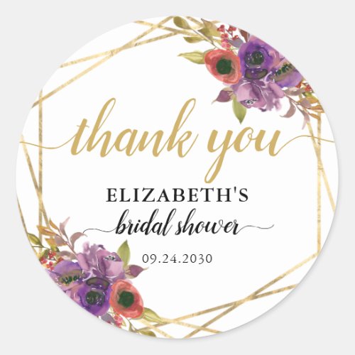 Elegant Floral Purple Gold Bridal Shower Thank You Classic Round Sticker