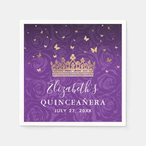 Elegant Floral Purple Gold Crown Birthday Template Napkins