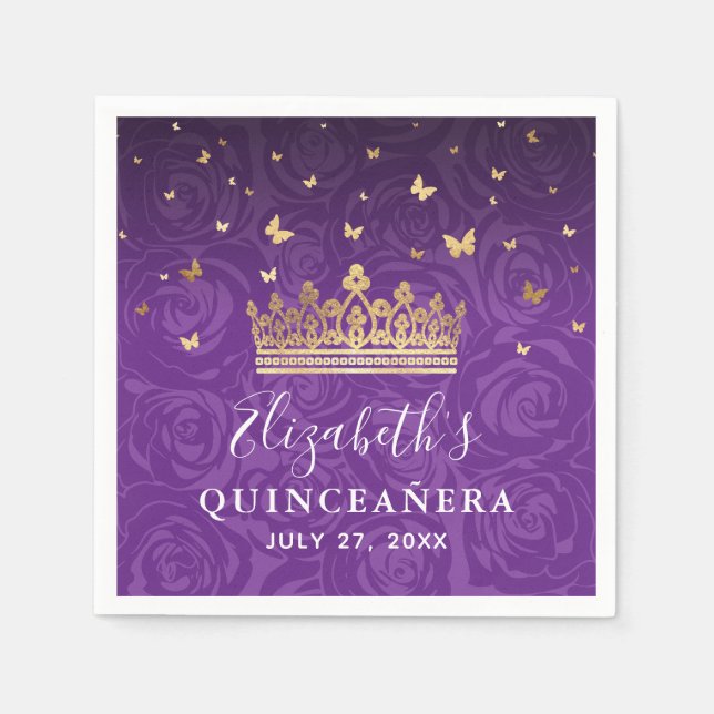 Elegant Floral Purple Gold Crown Birthday Template Napkins (Front)