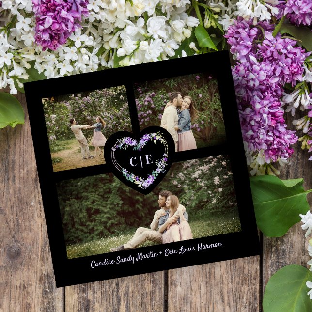 Elegant Floral Purple Heart 3 Photos  Engagement Save The Date (Creator Uploaded)