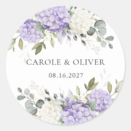Elegant Floral Purple Hydrangea Greenery Wedding Classic Round Sticker