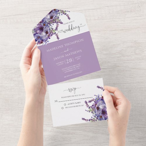 Elegant Floral Purple Lavender Watercolor All In One Invitation