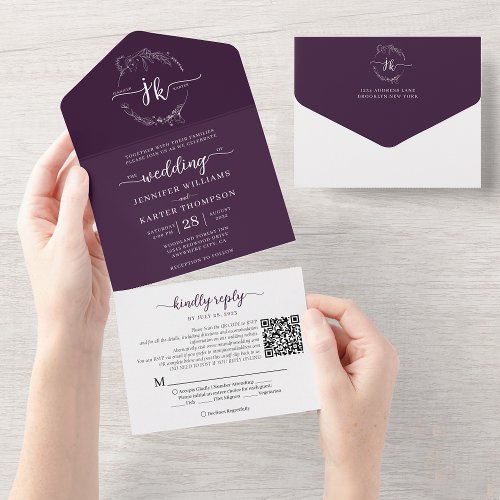 Elegant Floral Purple Monogram QR Code Wedding All In One Invitation