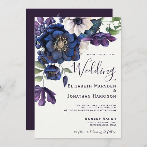 Elegant Floral Purple Navy Watercolor  Invitation