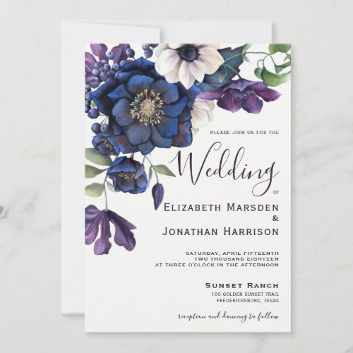 Elegant Floral Purple Navy Watercolor  Invitation