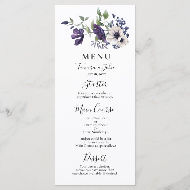 Elegant Floral Purple Navy Watercolor  Menu (Front)