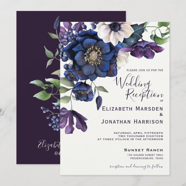 Elegant Floral Purple Navy Wedding Reception Invitation (Front/Back)