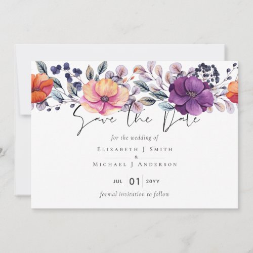 Elegant Floral Purple Orange Wedding Invitation